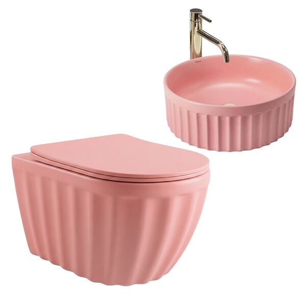 Set: Wall-hung toilet bowl + Countertop washbasin Rea Duo Sweet Pink Matt