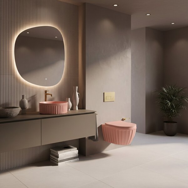 Set: Wall-hung toilet bowl + Countertop washbasin Rea Duo Sweet Pink Matt
