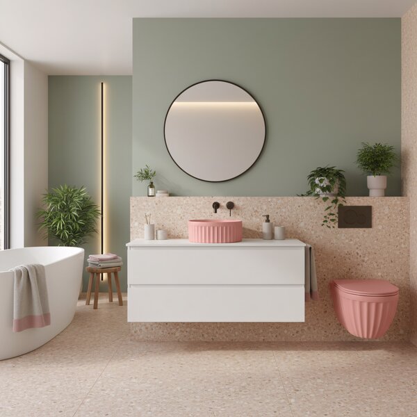 Set: Wall-hung toilet bowl + Countertop washbasin Rea Duo Sweet Pink Matt