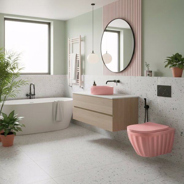 Set: Wall-hung toilet bowl + Countertop washbasin Rea Duo Sweet Pink Matt