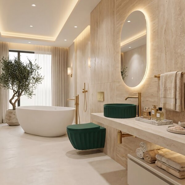 Set: Wall-hung toilet bowl + Countertop washbasin Rea Duo Matcha Matt