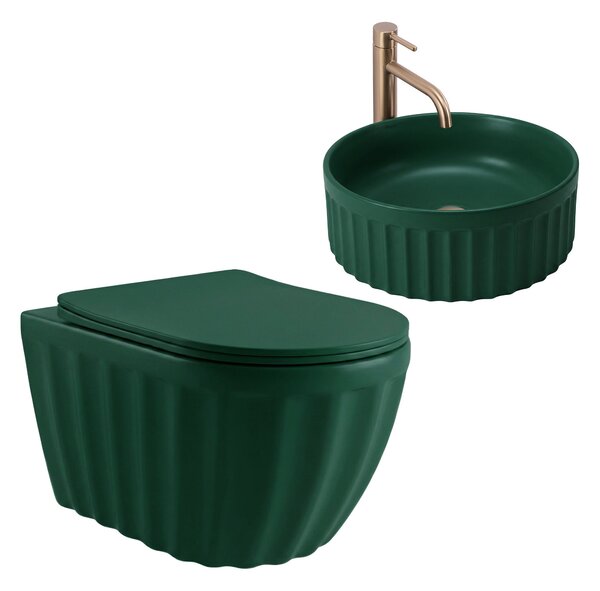 Set: Wall-hung toilet bowl + Countertop washbasin Rea Duo Matcha Matt