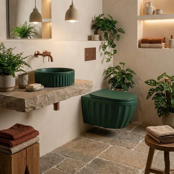 Set: Wall-hung toilet bowl + Countertop washbasin Rea Duo Matcha Matt