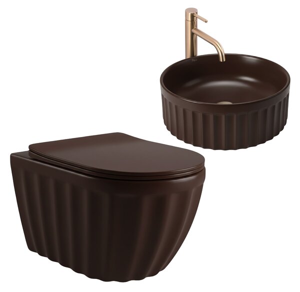 Set: Wall-hung toilet bowl + Countertop washbasin Rea Duo Espresso Matt