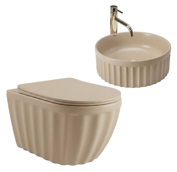 Set: Wall-hung toilet bowl + Countertop washbasin Rea Duo Caffe Latte Matt