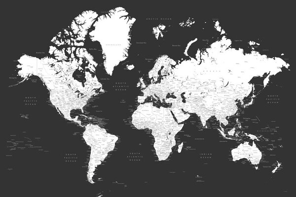 Art Print Blursbyai - Black and white world map, (60 x 40 cm)