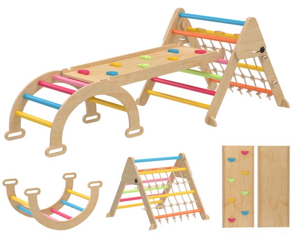 AIYAPLAY 8-in-1 Toddler Climbing Frame, Indoor Play Triangle Set with Slide, Arch and Triangle Ladder, Multicolour