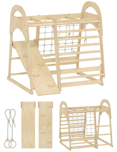 AIYAPLAY 6 in 1 Kids Climbing Frame with Slide, Monkey Bars, Gymnastics Rings, Ladder, Climbing Net, for 3-6 Years, Natural Tone