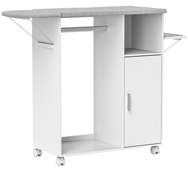 HOMCOM Rolling Ironing Board Cabinet, Foldable Ironing Station with Storage, Wheels for Home, Laundry Room, White