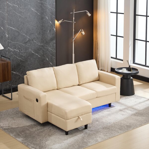 L-Shaped 3 Seater Sofa Bed with Reversible Chaise, Type-C Charging, Convertible Sleeper for Living Room, 180x120x72 cm, Beige Aosom UK