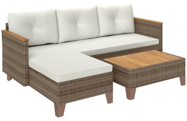 Outsunny 3 Pieces Rattan Garden Furniture Set, L Shaped Garden Conversation Chaise Lounge Furniture with Wood Top Coffee Table and Thick Cushions, Cream