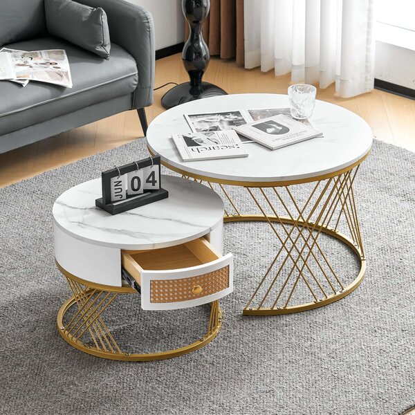 2-Piece Round Nesting Coffee Table Set with Rattan Drawers and Marble-Style PVC Tops, Adjustable Height Footpads, 71x71x46 cm, White Aosom UK