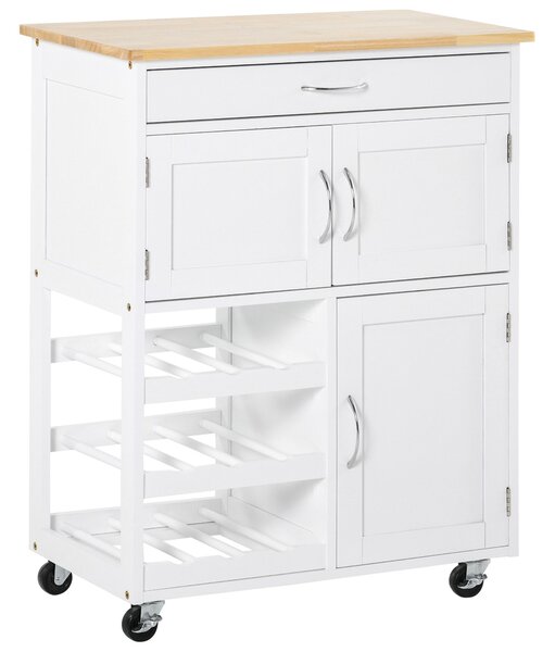 HOMCOM Modern Kitchen Trolley, Rolling Island Storage Cart with Drawer, 9-bottle Wine Rack, Door Cabinets, Wooden Countertop, White