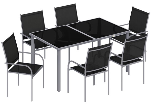 Outsunny 7 Piece Outdoor Garden Dining Set with Table and 6 Stackable Chairs, Steel Frame, Tempered Glass Top, Mesh Seats, Black