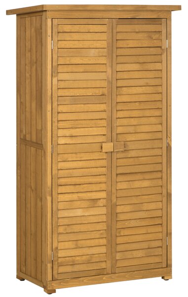 Outsunny Wooden Garden Storage Shed, Compact Utility Sentry Unit, 3-Tier Shelves Tool Cabinet Organizer with Asphalt Roof and Shutter Design