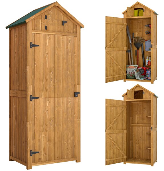 Outsunny Wooden Garden Storage Shed Vertical Tool Cabinet Organiser w/ Shelves, Lockable Door, 77 x 54.2 x 179 cm, Brown