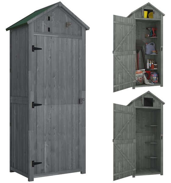 Outsunny Small Wooden Garden Shed with Lockable Double Doors, Shelves, Roof Hatch for Garden Tools, Grey Aosom UK