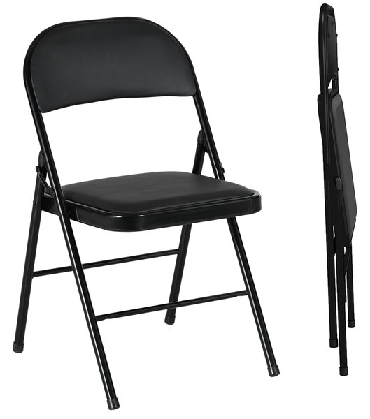 HOMCOM Padded Folding Chairs Set of 2 PU Leather Foldable Chairs with Cushioned Seat and Metal Frame for Home Office Dining, Black Aosom UK