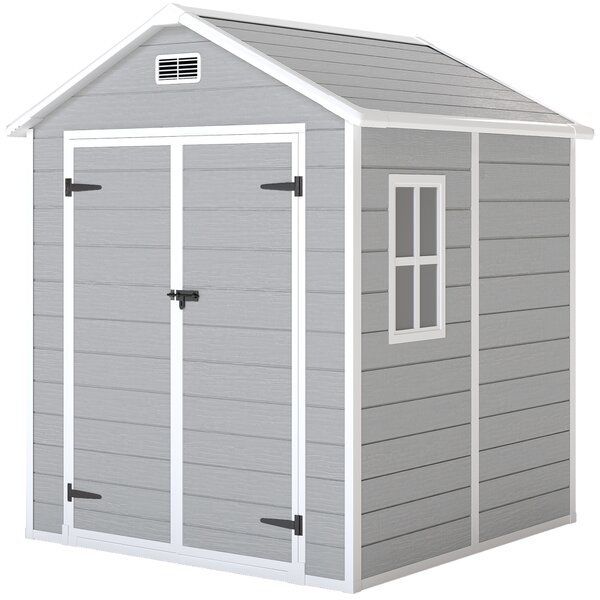 Outsunny 6 x 5ft Outdoor Shed with Lockable Doors, Air Vents & Floor, Wood Effect Resin Tool Shed for Storage, Light Grey Aosom UK