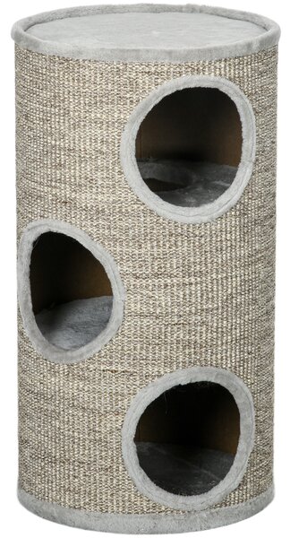 PawHut Cat Tree Barrel, Kitten Climbing Tower, Indoor Sisal Covered, Cosy Platform, Light Grey Aosom UK