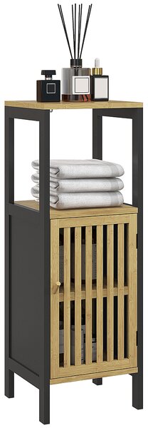 HOMCOM Slim Bathroom Storage Cabinet, Small Bamboo Bathroom Cabinet with Open Compartment and Adjustable Shelf, Black Aosom UK