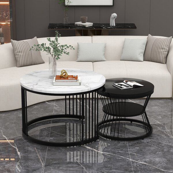 Modern Nesting Coffee Table Set with Metal Frame, Marble Veneer Round Coffee Tables, 70x70x45 cm and 45x45x40 cm, Black White Aosom UK