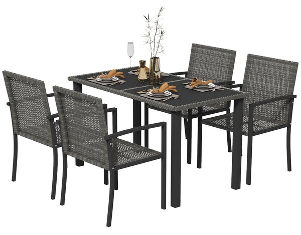 Outsunny Outdoor Dining Set 5 Pieces Patio Conservatory with Tempered Glass Tabletop,4 Dining Chairs - Grey