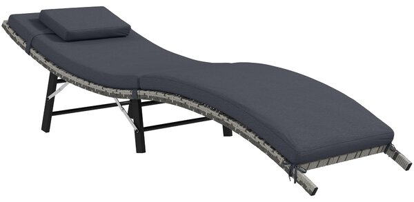 Outsunny Rattan Folding Sun Lounger Outdoor Chair with Cushion and Pillow Grey