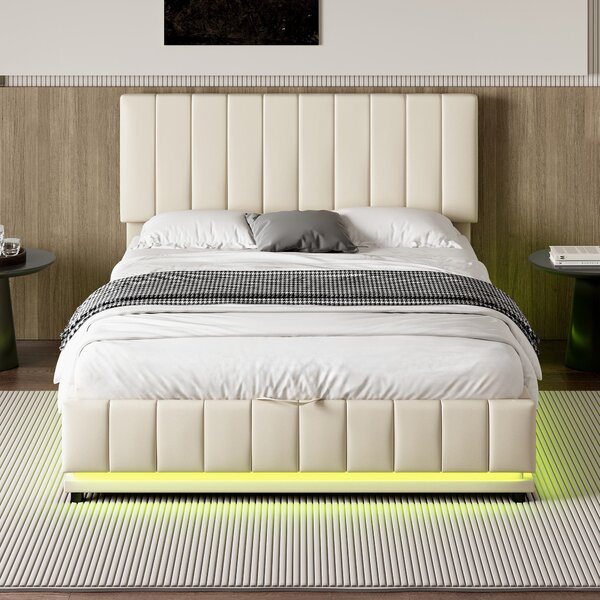 PU Leather Ottoman Upholstered Double Bed with LED Lighting, Hydraulic Storage and Channel Tufted Headboard, 201L x 147W x 114H cm, Beige Aosom.UK