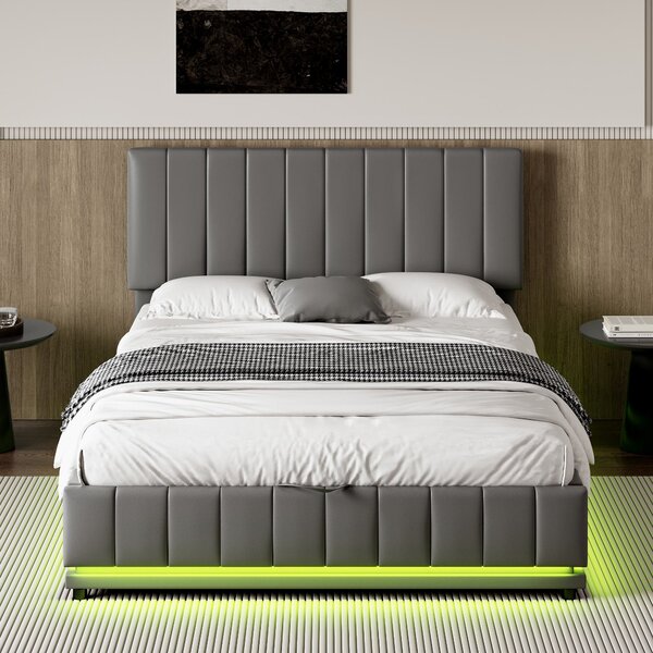 PU Leather Ottoman Upholstered Double Bed with LED Lighting, Hydraulic Storage and Channel Tufted Headboard, 201L x 147W x 114H cm, Grey Aosom.UK