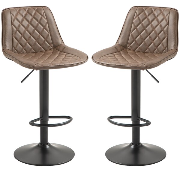HOMCOM Bar Stools Set of 2, Retro Adjustable Kitchen Stool, Swivel PU Leather Upholstered Bar Chairs with Back, Footrest and Steel Base, Brown