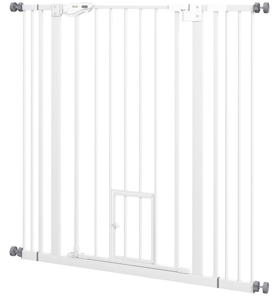 PawHut Extra Tall Pet Gate, Indoor Dog Safety Gate, with Cat Flap, Auto Close, 74-101cm Wide - White Aosom UK