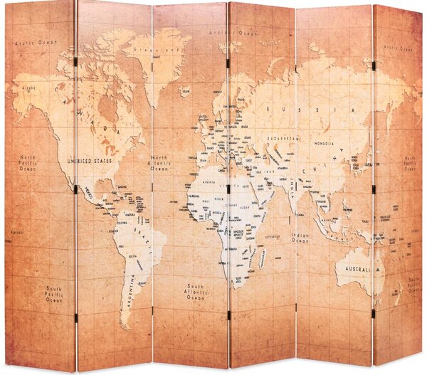 Folding Room Divider 228x170 cm World Map Yellow