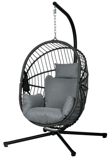 Outsunny Outdoor Swing Chair with Thick Padded Cushion, Patio Hanging Chair with Metal Stand, Foldable Basket, Cup Holder, Rope Structure, for Indoor and Outdoor, Grey