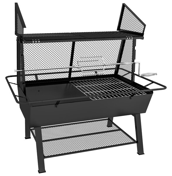 Outsunny 3-in-1 Charcoal Barbecue Grill, Rotisserie Roaster, Fire Pit with Storage Shelf and Mesh Lid