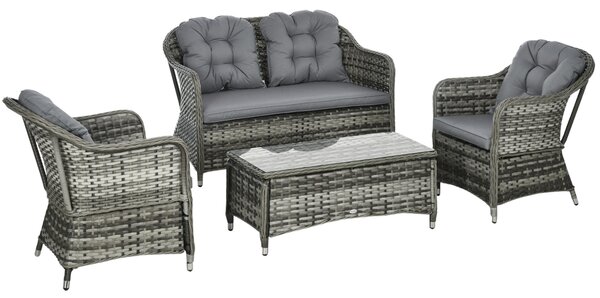 Outsunny 4 Pieces PE Rattan Wicker Sofa Set Outdoor Conservatory Furniture Lawn Patio Coffee Table w/ Cushion - Grey