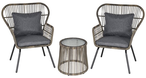 Outsunny 3 Piece PE Rattan Bristo Set with Cushions, Wing-Shaped Chairs & Adjustable Foot Pads, Grey Aosom UK