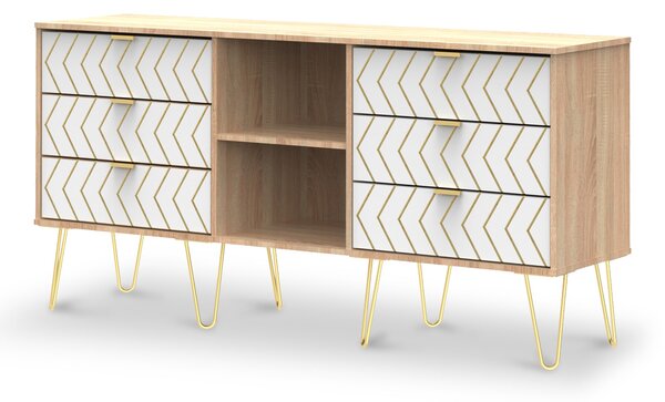 Mila White with Gold Hairpin Legs 6 Drawer Sideboard | Roseland Furniture
