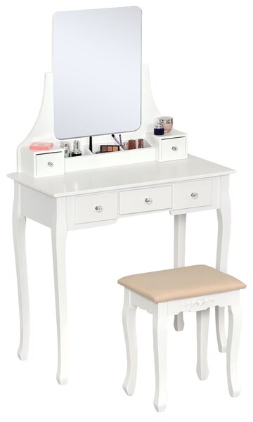 HOMCOM Dressing Table Set with Cushioned Stool, Makeup Vanity Dresser Desk with 5 Drawers for Bedroom, White