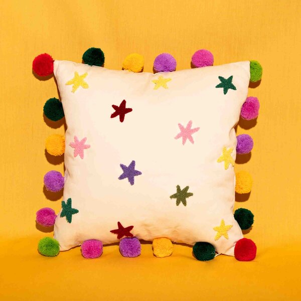 Raspberry Blossom Tufted Stars Cushion with Pom Poms White/Red/Green