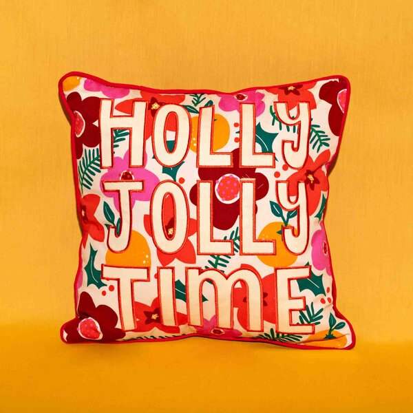 Raspberry Blossom Floral 'Holly Jolly Time' Cushion MultiColoured