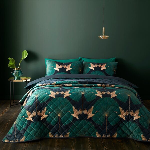 Luxe Cranes Emerald Bedspread Green/Navy Blue/Brown