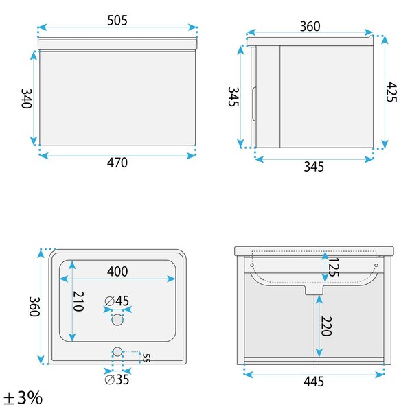 Bathroom cabinet with washbasin Rea DB85-50-3 Orio Light 50cm
