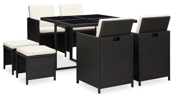 9 Piece Outdoor Dining Set with Cushions Poly Rattan Black