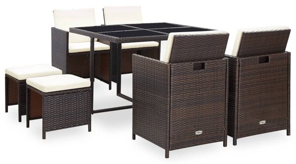 9 Piece Outdoor Dining Set with Cushions Poly Rattan Brown