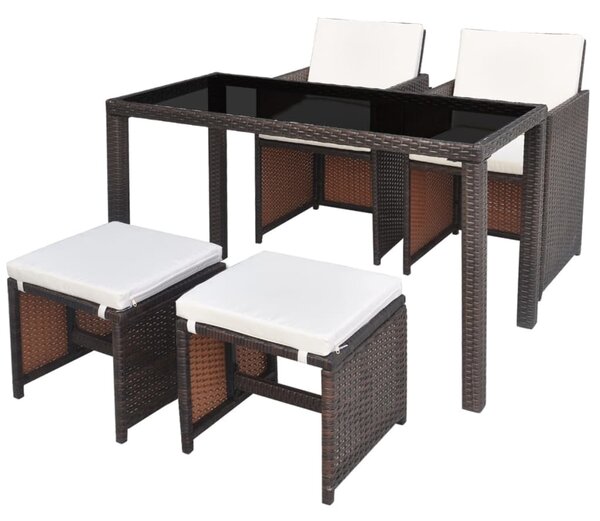 5 Piece Outdoor Dining Set with Cushions Poly Rattan Brown