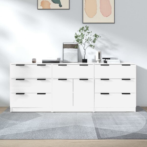 3 Piece Sideboards High Gloss White Engineered Wood
