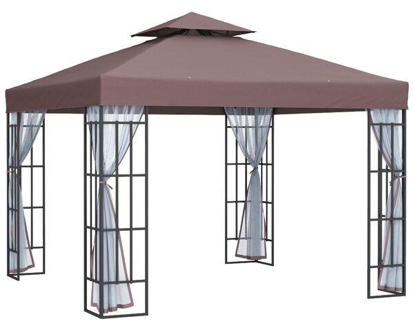 Outsunny 3 x 3(m) Patio Gazebo Canopy Garden Pavilion Tent Shelter with 2 Tier Roof and Mosquito Netting, Steel Frame, Coffee