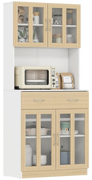 HOMCOM 180cm Modern Kitchen Cupboard, Freestanding Storage Cabinet Hutch with Central Drawer, 2 Glass Door Cabinets, White Aosom UK