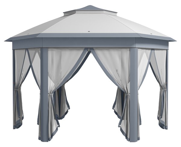 Outsunny Hexagon Patio Gazebo Pop Up Gazebo Outdoor Double Roof Instant Shelter with Netting, 4m x 4m, Grey